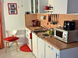 Küche mit Geschirrspüler, Mikrowelle (Grillfunktion) Herd, Kühlschrank