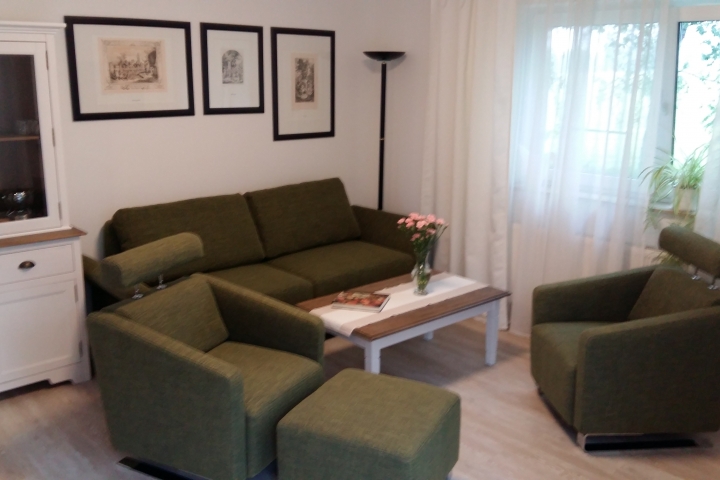 Sitzecke im Wohnzimmer mit Schlafsofa
und modernen Sesseln
