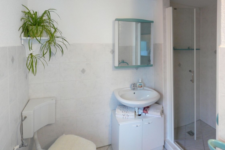 Bad mit großer Dusche und Waschmaschine