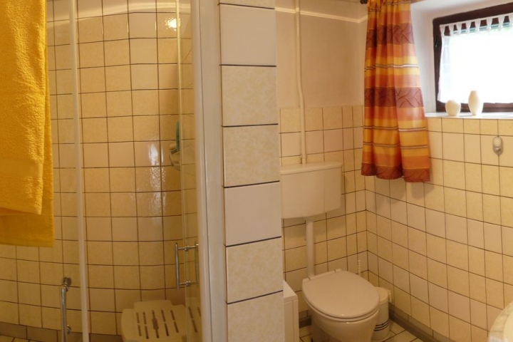 Bad mit großer Dusche und Waschmaschine
