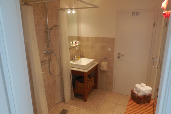 Badezimmer mit Dusche (barierefrei) und Waschtisch