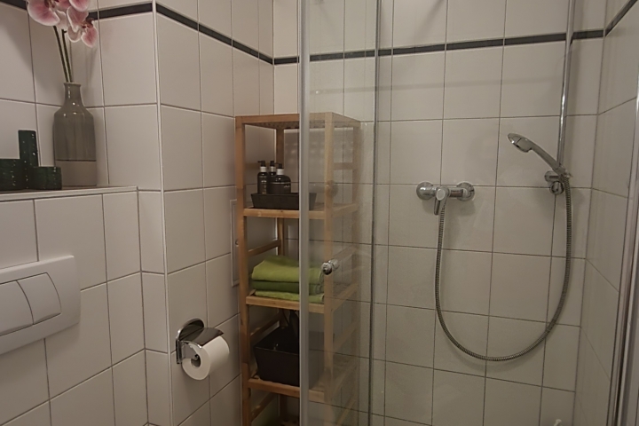 Dusche hat einen niedrigen Einstieg.