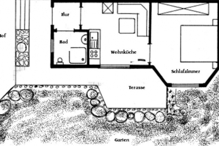 Grundriss unsere Wohnung A im Parterre zum Garten gelegen