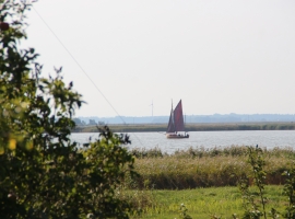 Blick aus dem Gaubenfenster auf den Saalerbodden, hier sieht man ein Zeesboot und oft auch den Seeadler