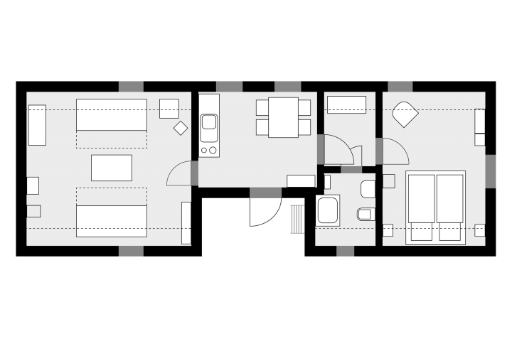 große Wohnung (E), Grundriss v.l.n.r.: Wohnzimmer, Wohnküche, Garderobe, Bad, Schlafzimmer