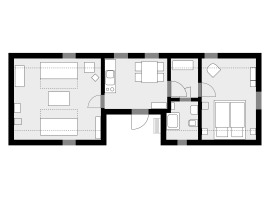 große Wohnung (E), Grundriss v.l.n.r.: Wohnzimmer, Wohnküche, Garderobe, Bad, Schlafzimmer