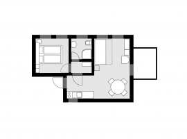 mittlere Wohnung (C), Grundriss von v.l.n.r.: Schlafzimmer, Bad, Garderobe, Wohnzimmer mit Küchenzeile und Essplatz sowie Ausgang zur Terrass