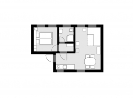 mittelgroße Wohnung (D), Grundriss
v.l.n.r.: Schlafzimmer, Bad, Garderobe, Wohnzimmer mit Kaminofen, Schlafsofa, Küchenzeile und Essplatz