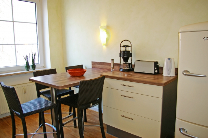 Küche mit Spülmaschine, Herd mit Backofen und Ceranfeld, Smoothie-Maker (Standmixer), Kaffeebar mit Tresenstühlen