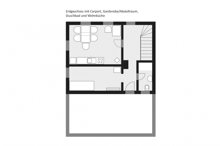 Grundriss Erdgeschoss mit Carport, Garderobe/Abstellraum, Duschbad und Wohnküche