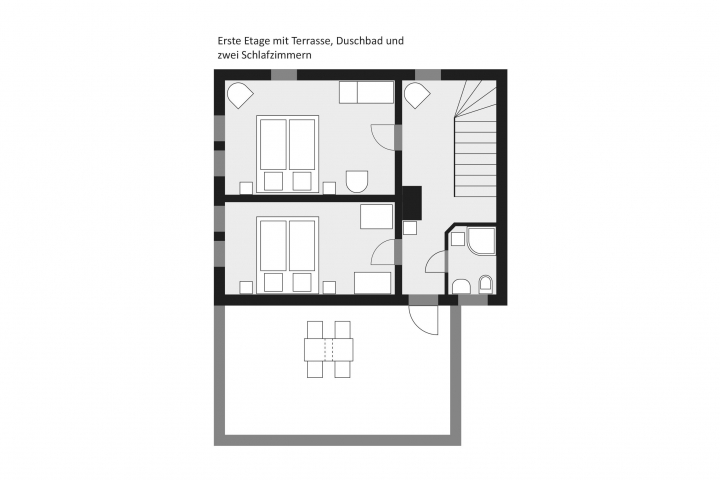Grundriss erste Etage mit Terrasse, Duschbad und zwei Schlafzimmern