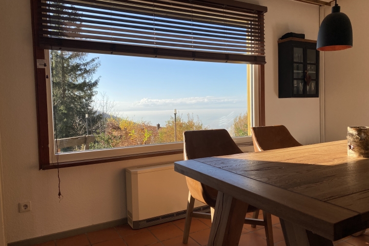 Wohnzimmer mit großem Panoramafenster - Blick auf Straßburg bei guter Sicht