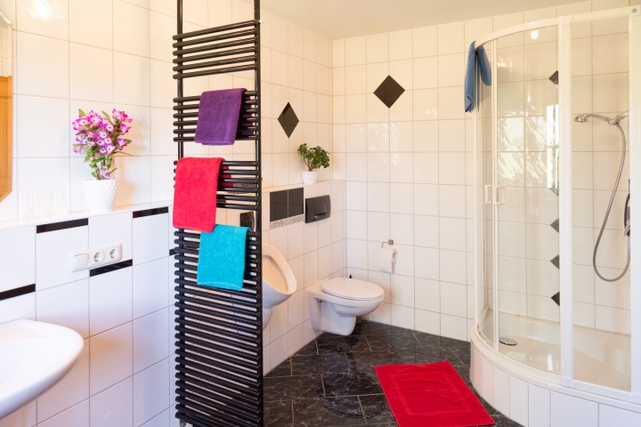 Bad mit Dusche, WC, Urinal, Waschmaschine