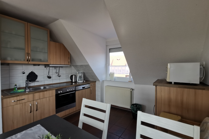 Großer Wohn- Essbereich mit Küche und herrlichem Blick über den Balkon auf die Wiesen