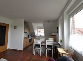 Großer Wohn- Essbereich mit Küche und herrlichem Blick über den Balkon auf die Wiesen