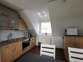 Großer Wohn- Essbereich mit Küche und herrlichem Blick über den Balkon auf die Wiesen
