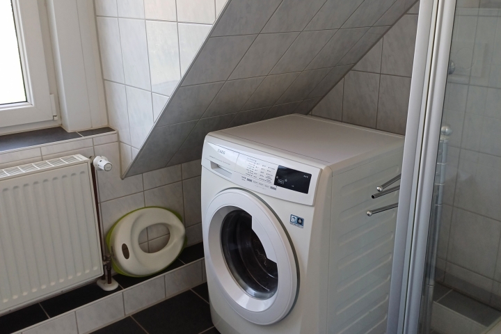 Badezimmer mit Dusche und Waschmaschine Bild 1
