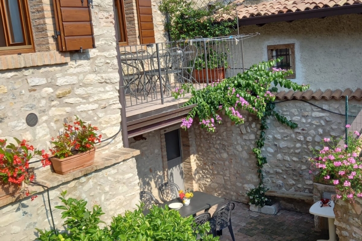 Blick in den Patio mit Balkon Rosa und Sitzplatz Viola