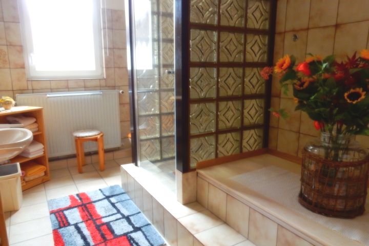 Badezimmer mit Dusche, WC, Waschbecken, Föhn und Handtücher
