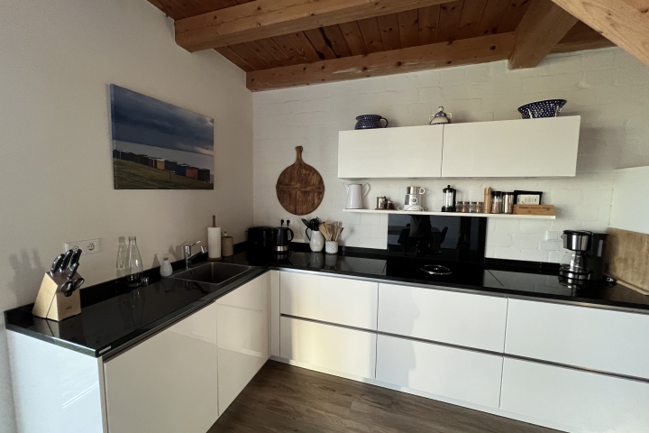 Moderne Küche mit Induktionsherd, Granit Arbeitsplatte und Küchengeräten