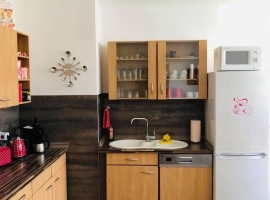 Küche mit Großraumkühlschrank und 3 Gefrierfächer sowie Mikrowelle