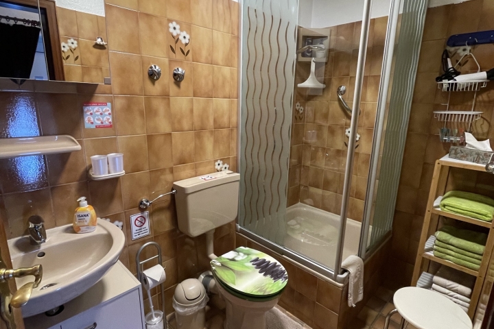 Badezimmer mit Dusche, Wäscheständer, Fön und Hocker