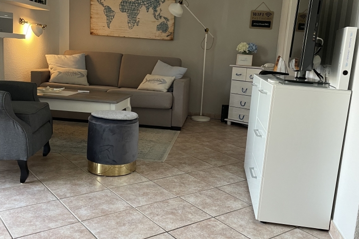 Renovierter Wohnbereich mit Ohrensessel und farblichen Akzenten 