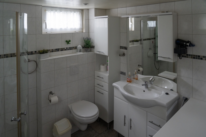 Das größere Badezimmer mit Dusche, WC, Waschbecken, Waschmaschine und Trockner im Erdgeschoss