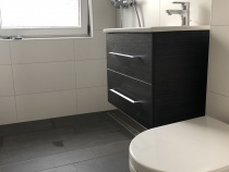 das komplett neue Badezimmer, natürlich mit Waschtisch. Der WC Sitz schließt still und leise. 