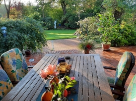 Die Terrasse ist ebenerdig direkt an den Wintergarten angeschlossen. Sie bietet einen herrlichen Blick in den Garten und ist überdacht, hier scheint 