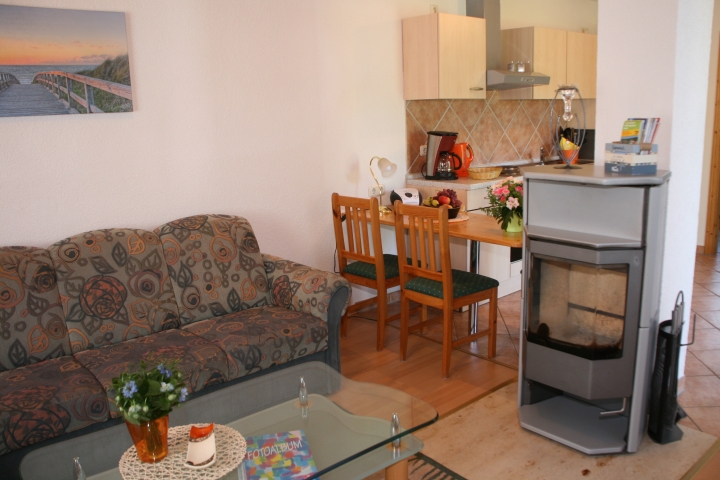 Wohnbereich mit vieeel Sofa und Kaminofen
