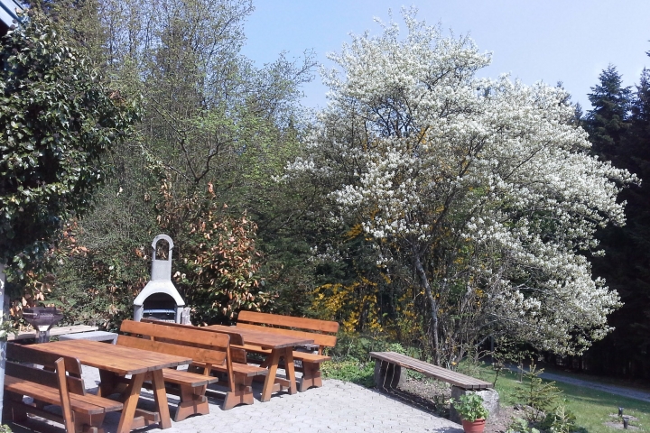 Terrasse mit Gartenmöbeln und Holzkohlegrill