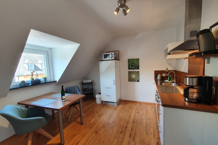 Komplett eingerichtete Küche mit Spülmaschine, Herd mit Backofen und separatem Kühlschrank.