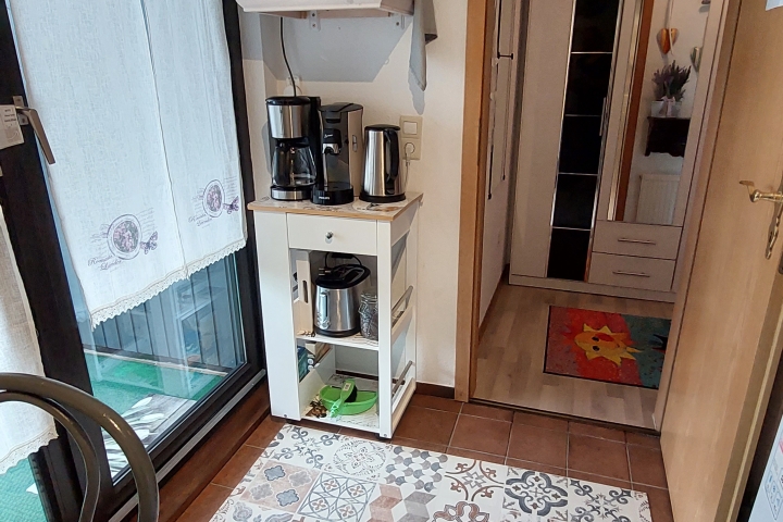 Küchenbereich und Ausgang zum Balkon