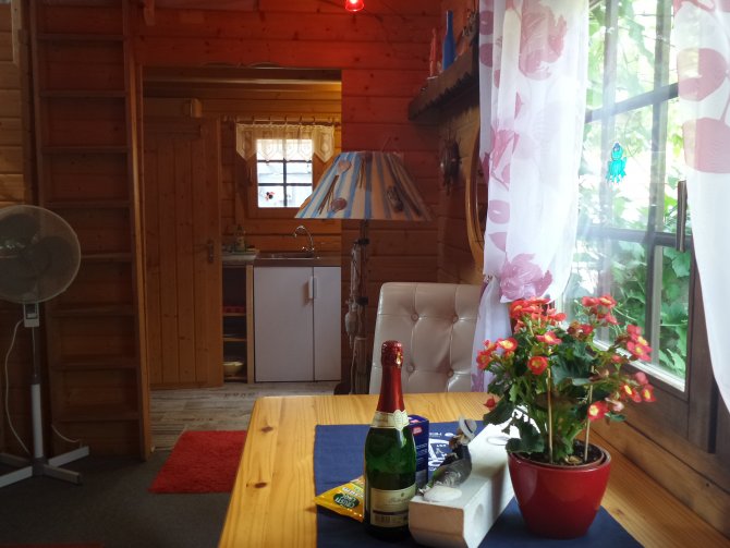 Essbereich mit  Blick auf Gartenteich.