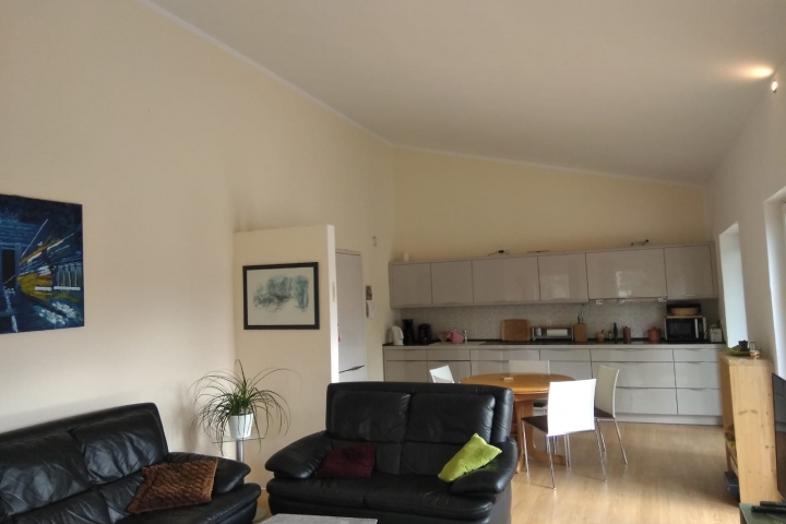 Blick vom Wohnzimmer in die offene Küche.
