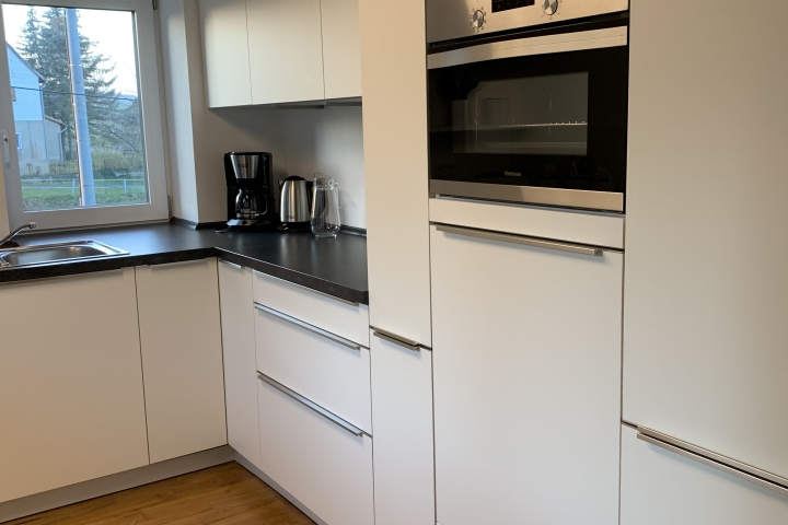 Küche (Ansicht 3) - Backofen, Geschirrspüler, großer Kühlschrank mit Eisfächern