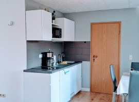 Küche mit Kühlschrank,Geschirrspüler,Mikrowelle, Ceran Feld (2 Platten), Kaffeemaschine ,Wasserkocher und Küchengeschirr