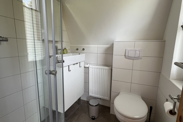 Modernes Bad mit Dusche, Waschbecken und WC