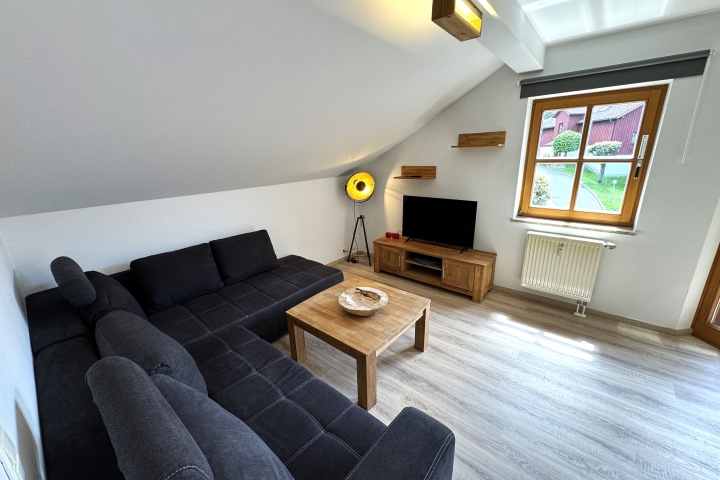 Wohn/Schlafraum mit gemütlicher Sofaecke, SAT-TV, Balkon, großem Kleiderschrank und einem gemütlichem Doppelbett für 2 Personen
