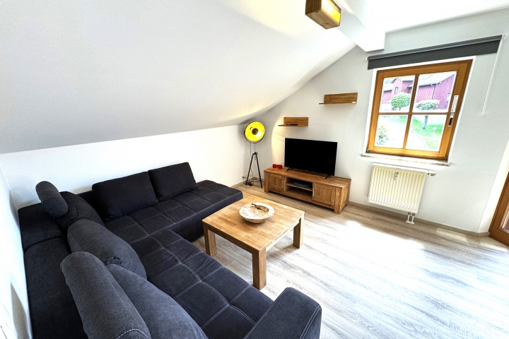 Wohn/Schlafraum mit gemütlicher Sofaecke, SAT-TV, Balkon, großem Kleiderschrank und einem gemütlichem Doppelbett für 2 Personen