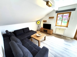 Wohn/Schlafraum mit gemütlicher Sofaecke, SAT-TV, Balkon, großem Kleiderschrank und einem gemütlichem Doppelbett für 2 Personen