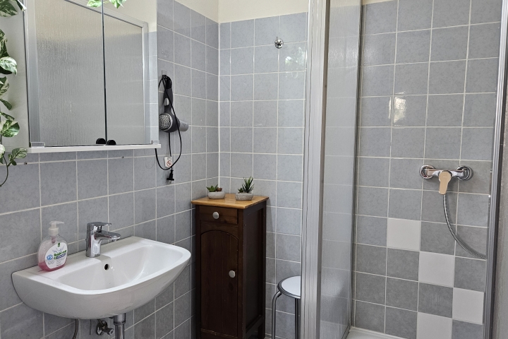 Zeitgemäßes Bad mit komfortabler Dusche und stilvollen Details für ein entspannendes Erlebnis.