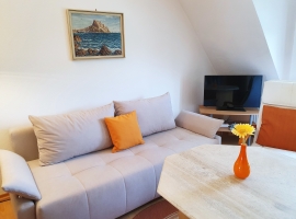Wohnraum mit Schlafsofa und Ausgang zum Balkon