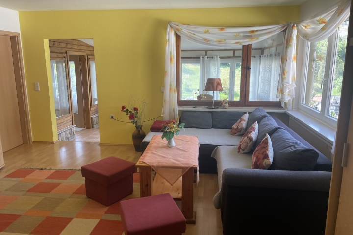 Großes Wohnzimmer mit Schlafcouch in der oberen Etage.