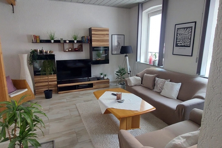 Wohnzimmer mit Internetfähigen Fernseher, Netflix, Prime Video, Internetradio, Bücher, Spielesammlung